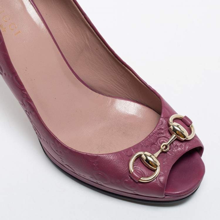 Pre Owned Gucci Plum Guccissima Leather Horsebit Peep Toe Platform Pumps Size 36.5