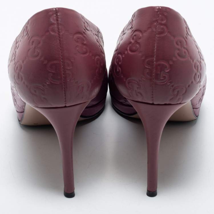 Pre Owned Gucci Plum Guccissima Leather Horsebit Peep Toe Platform Pumps Size 36.5