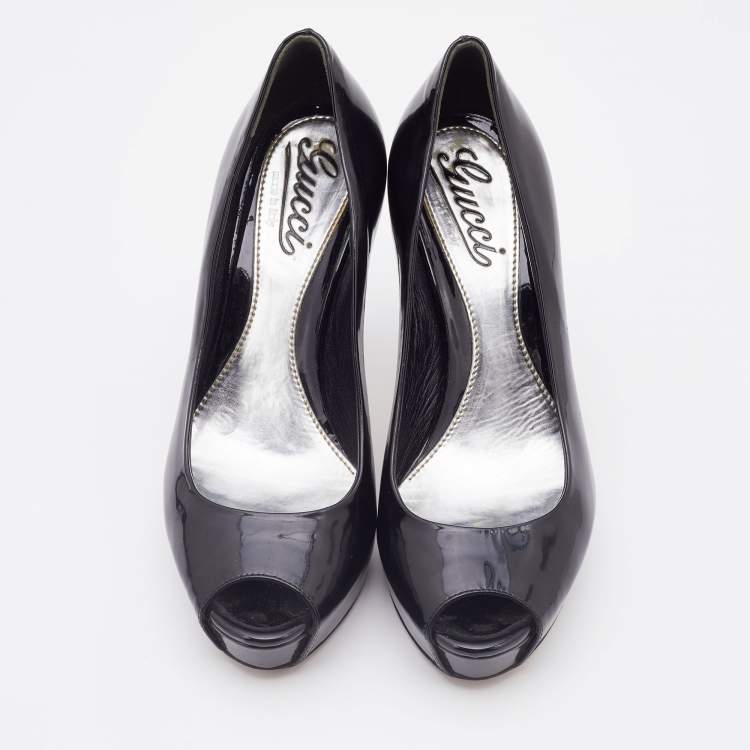 Pre Owned Gucci Black Patent Leather Peep Toe Platform Pumps Size 35