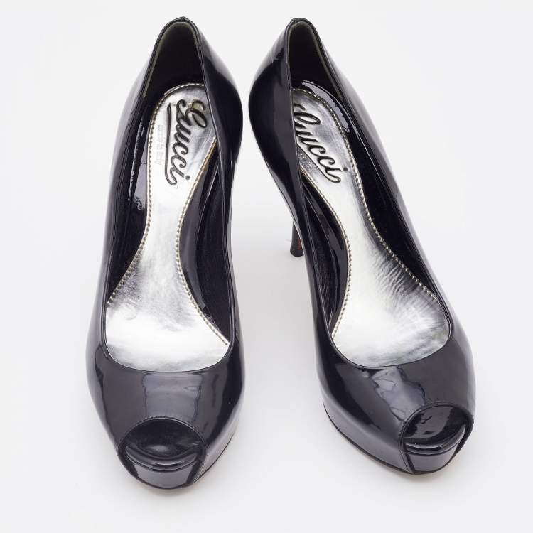 Pre Owned Gucci Black Patent Leather Peep Toe Platform Pumps Size 35