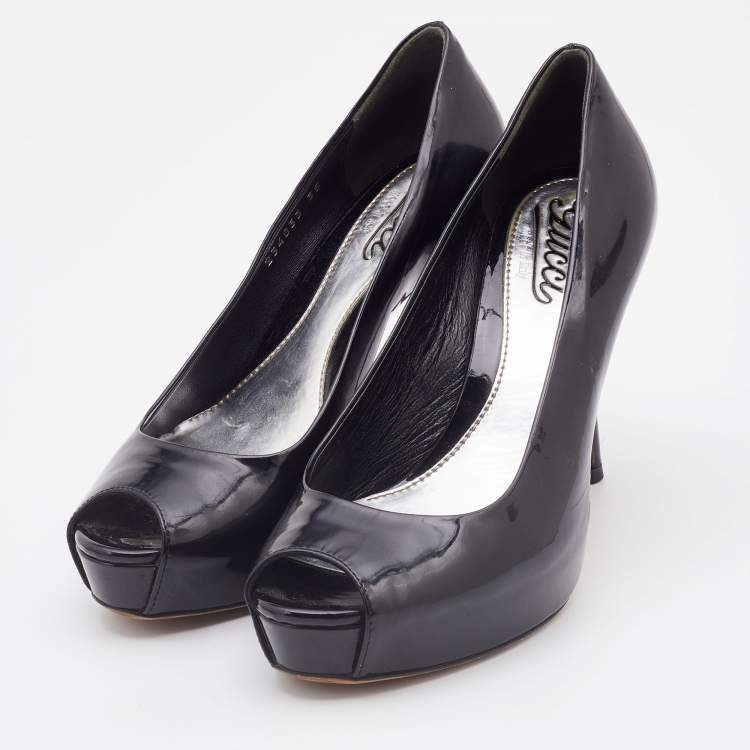 Pre Owned Gucci Black Patent Leather Peep Toe Platform Pumps Size 35