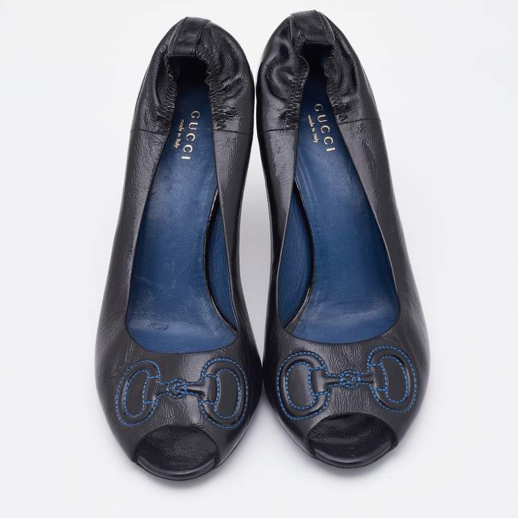 Pre Owned Gucci Black Leather Horsebit Embroidered Peep Toe Pumps Size 39