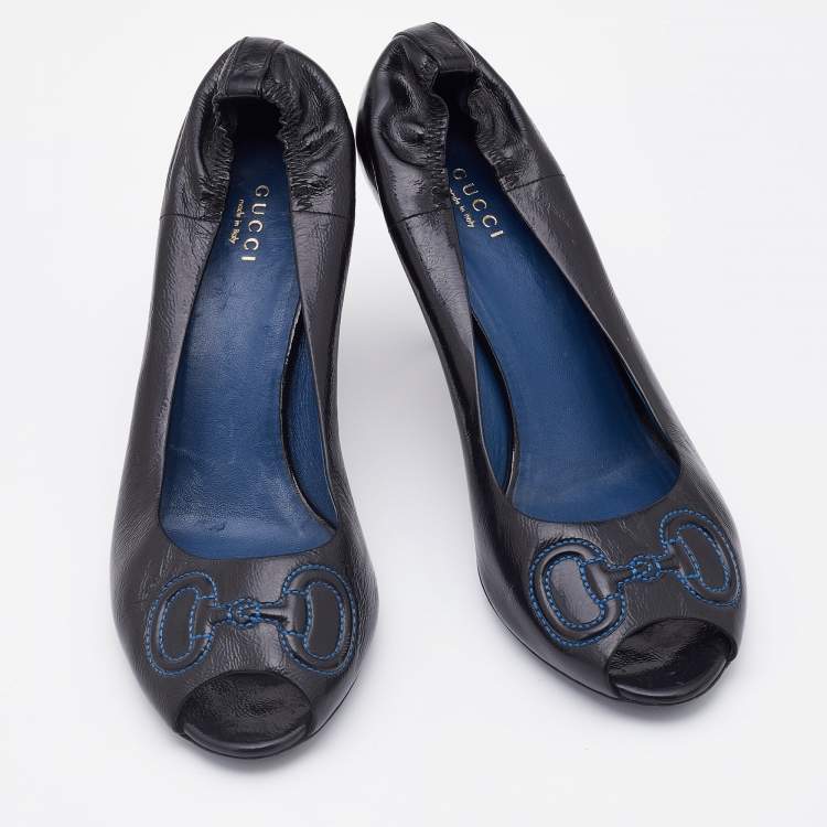 Pre Owned Gucci Black Leather Horsebit Embroidered Peep Toe Pumps Size 39
