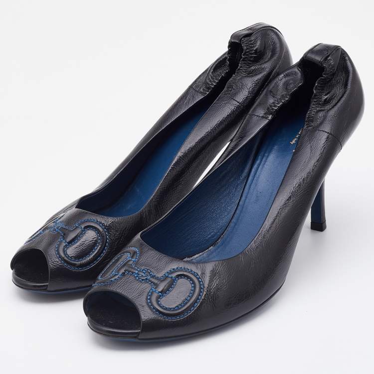 Pre Owned Gucci Black Leather Horsebit Embroidered Peep Toe Pumps Size 39