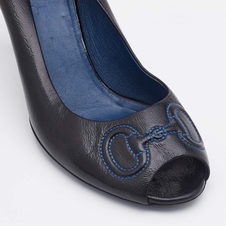 Pre Owned Gucci Black Leather Horsebit Embroidered Peep Toe Pumps Size 39