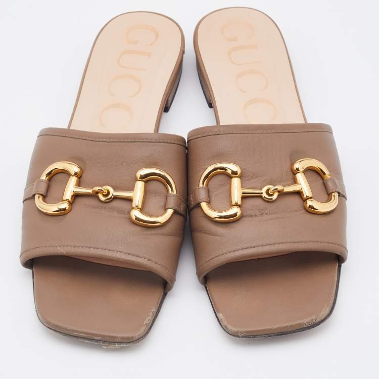 Pre Owned Gucci Light Brown Leather Horsebit Flat Slides Size 38.5