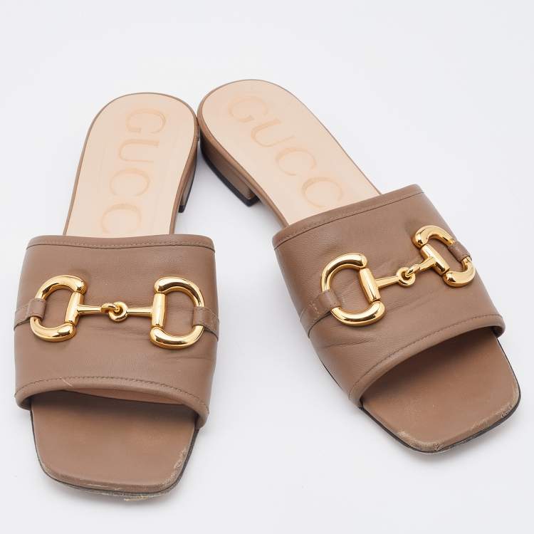 Pre Owned Gucci Light Brown Leather Horsebit Flat Slides Size 38.5