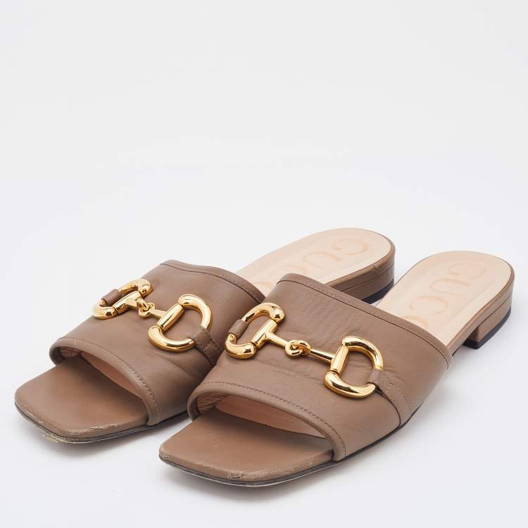 Pre Owned Gucci Light Brown Leather Horsebit Flat Slides Size 38.5
