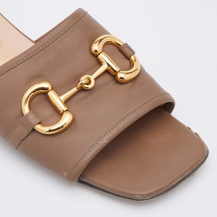 Pre Owned Gucci Light Brown Leather Horsebit Flat Slides Size 38.5