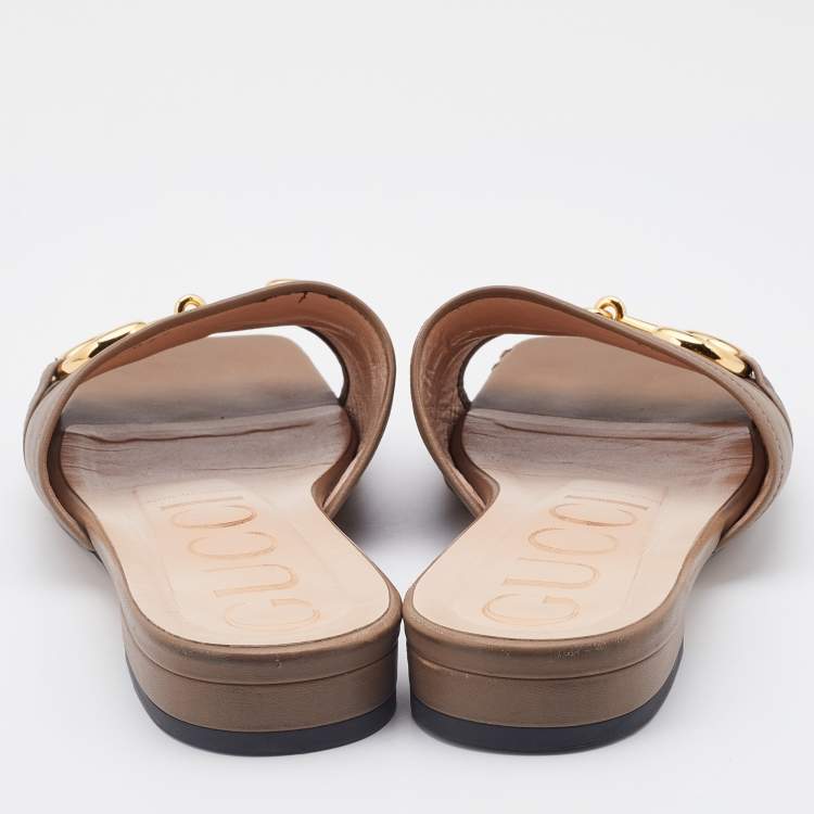 Pre Owned Gucci Light Brown Leather Horsebit Flat Slides Size 38.5