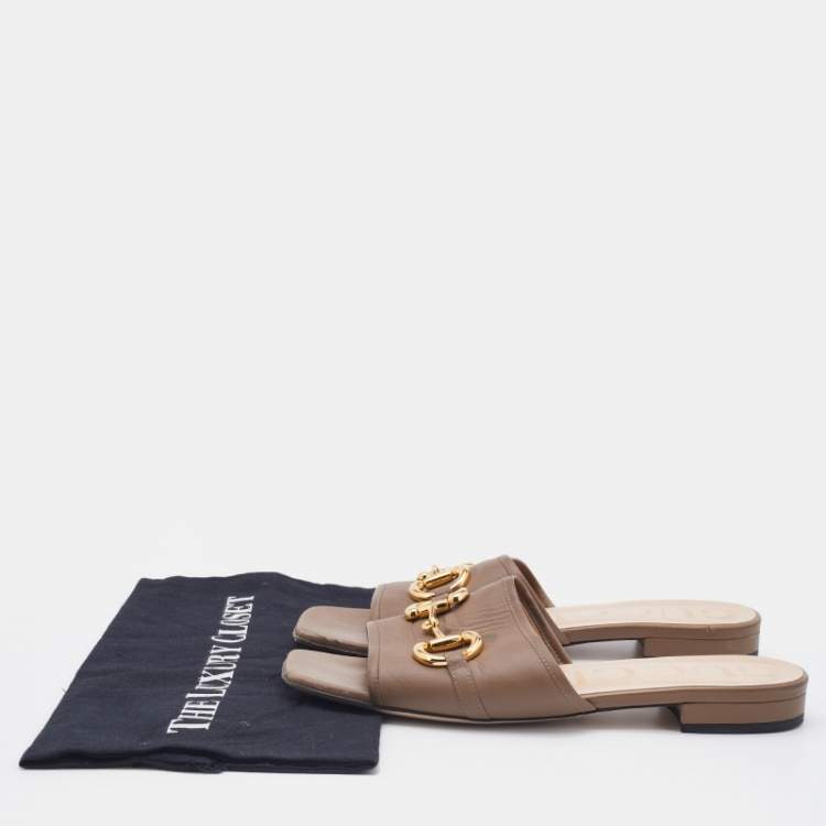 Pre Owned Gucci Light Brown Leather Horsebit Flat Slides Size 38.5