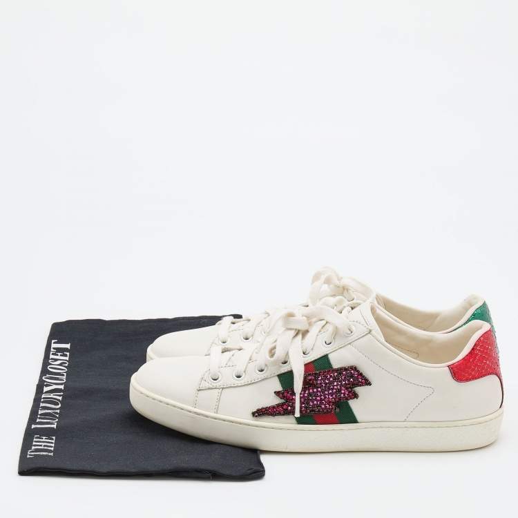 Pre Owned Gucci White Leather Ace Web Detail Lighting Bolt Embroidered Low Top Sneakers Size 40