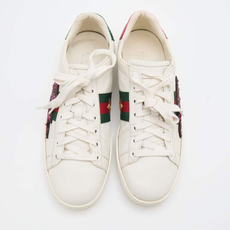 Pre Owned Gucci White Leather Ace Web Detail Lighting Bolt Embroidered Low Top Sneakers Size 40