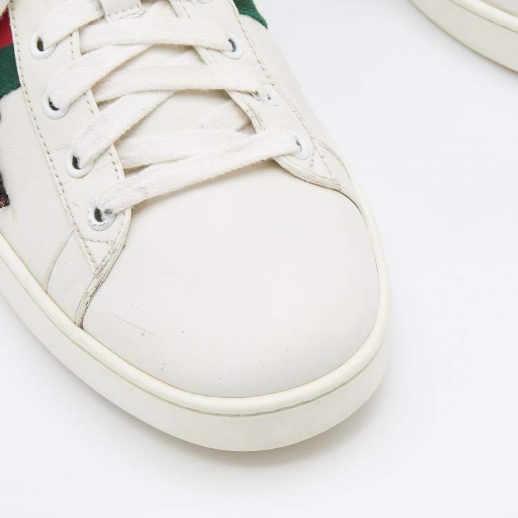 Pre Owned Gucci White Leather Ace Web Detail Lighting Bolt Embroidered Low Top Sneakers Size 40