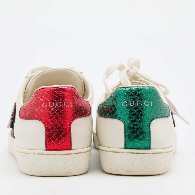 Pre Owned Gucci White Leather Ace Web Detail Lighting Bolt Embroidered Low Top Sneakers Size 40