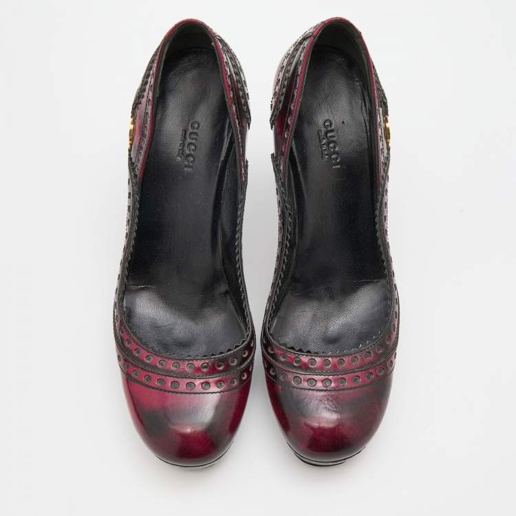 Pre Owned Gucci Black/Red Two-Tone Brogue Leather Platform Pumps Size 40.5