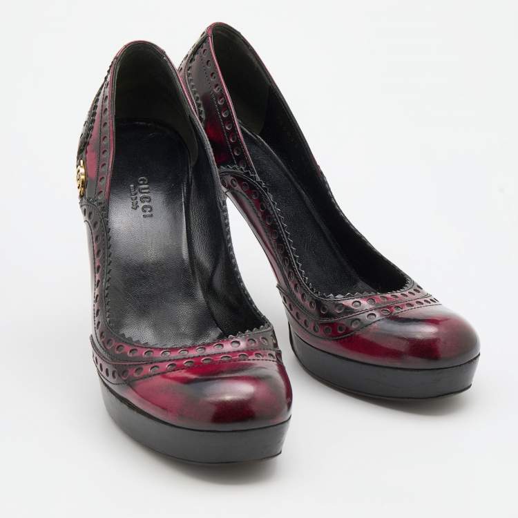 Pre Owned Gucci Black/Red Two-Tone Brogue Leather Platform Pumps Size 40.5