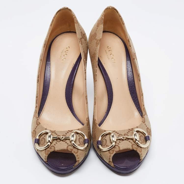 Pre Owned Gucci Brown/Beige GG Canvas Hollywood Horsebit Platform Peep Toe Pumps Size 37