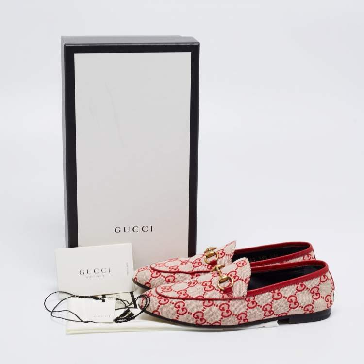 Pre Owned Gucci Red GG Canvas Jordaan Horsebit Loafers Size 35.5