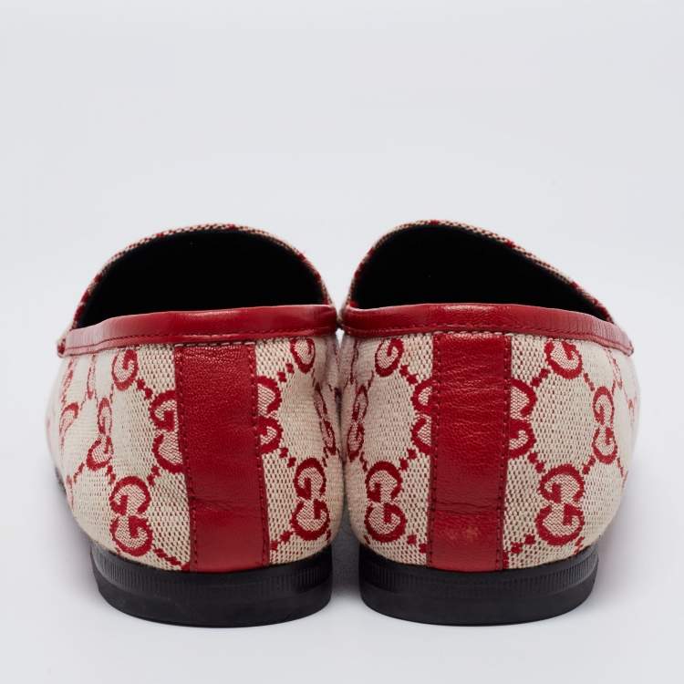Pre Owned Gucci Red GG Canvas Jordaan Horsebit Loafers Size 35.5