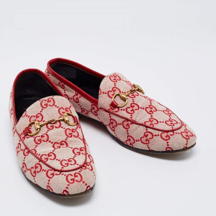 Pre Owned Gucci Red GG Canvas Jordaan Horsebit Loafers Size 35.5