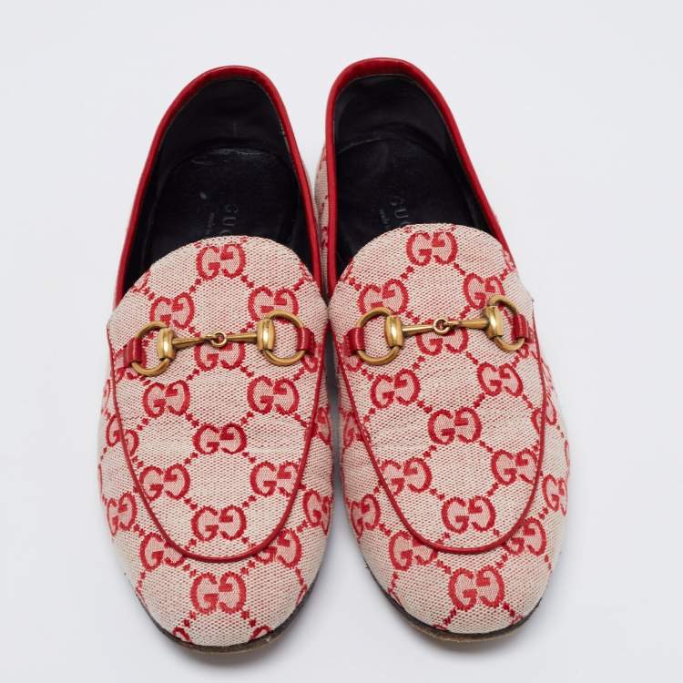 Pre Owned Gucci Red GG Canvas Jordaan Horsebit Loafers Size 35.5