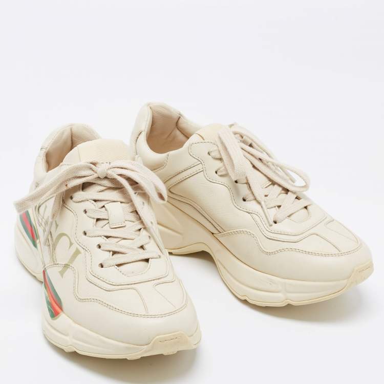 Pre Owned Gucci Beige Leather Rhyton Sneakers Size 35
