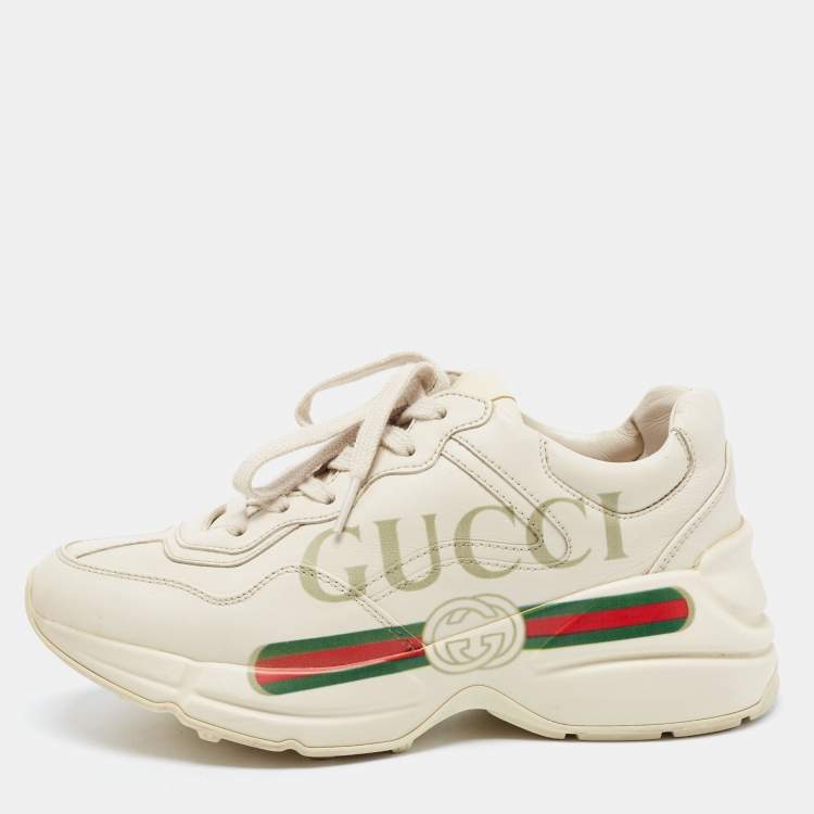 Pre Owned Gucci Beige Leather Rhyton Sneakers Size 35
