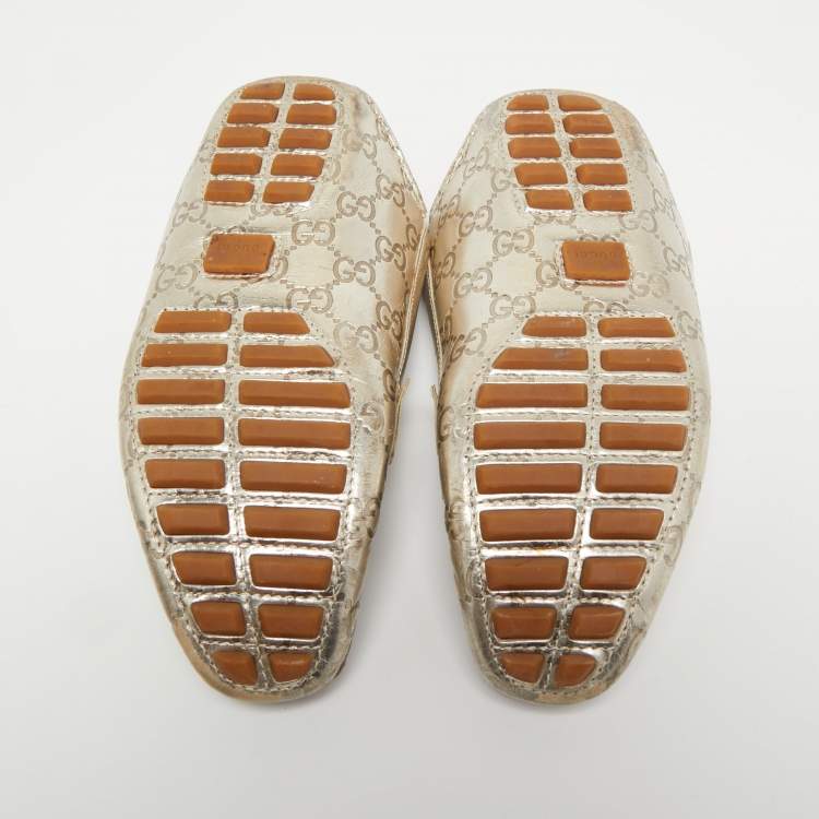 Pre Owned Gucci Metallic Guccissima Leather Bamboo Horsebit Slip On Loafers Size 37