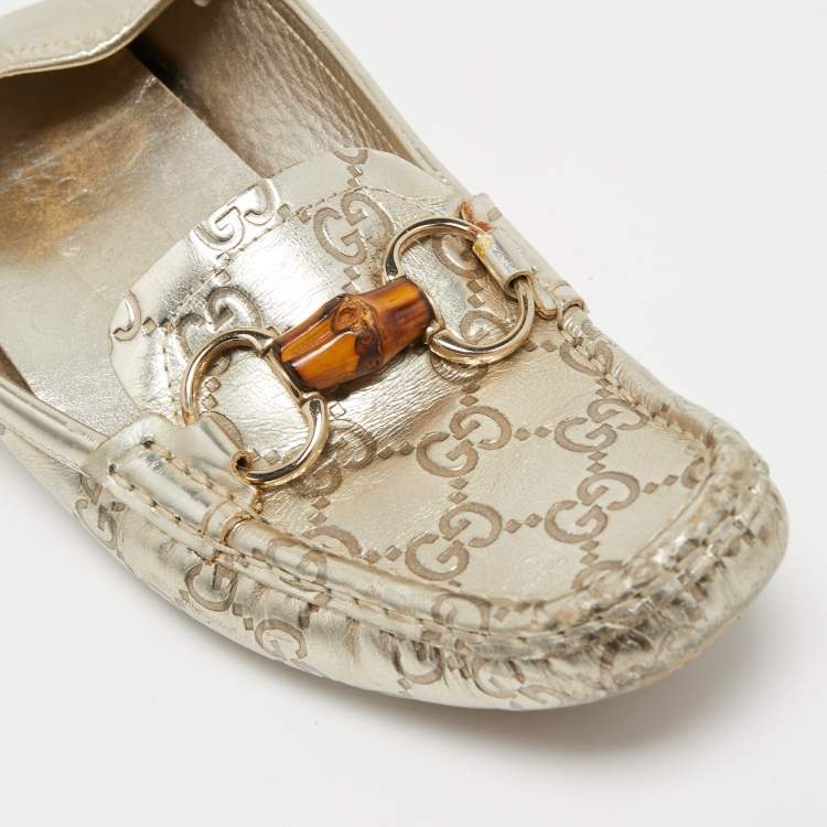 Pre Owned Gucci Metallic Guccissima Leather Bamboo Horsebit Slip On Loafers Size 37
