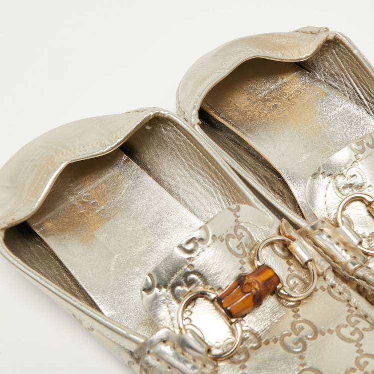 Pre Owned Gucci Metallic Guccissima Leather Bamboo Horsebit Slip On Loafers Size 37