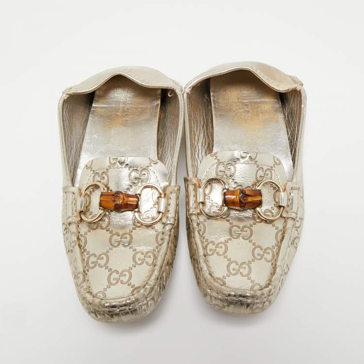 Pre Owned Gucci Metallic Guccissima Leather Bamboo Horsebit Slip On Loafers Size 37