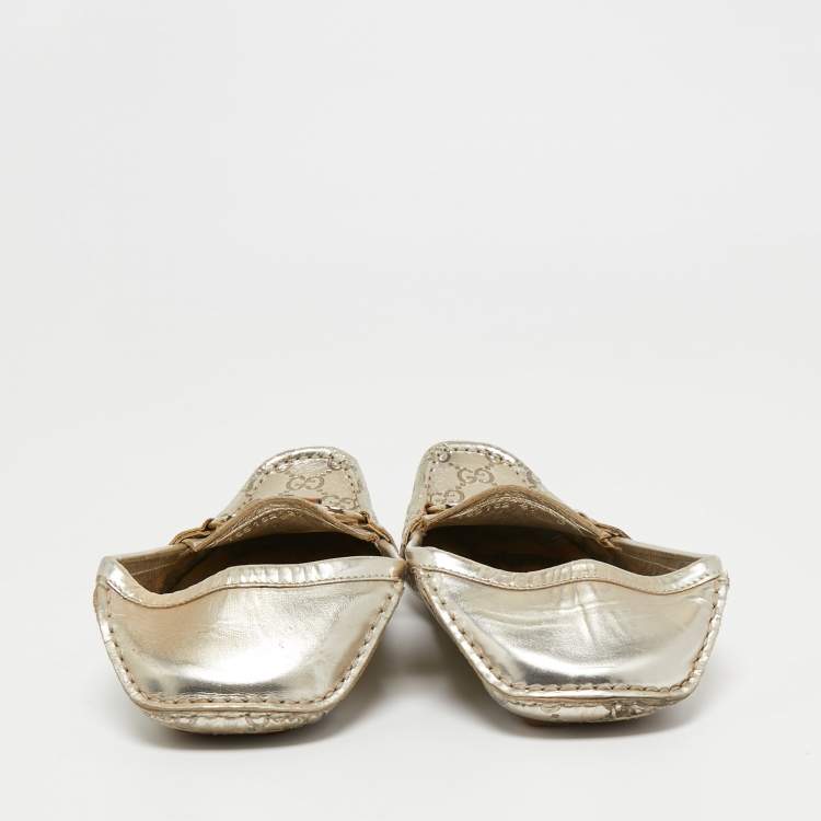 Pre Owned Gucci Metallic Guccissima Leather Bamboo Horsebit Slip On Loafers Size 37