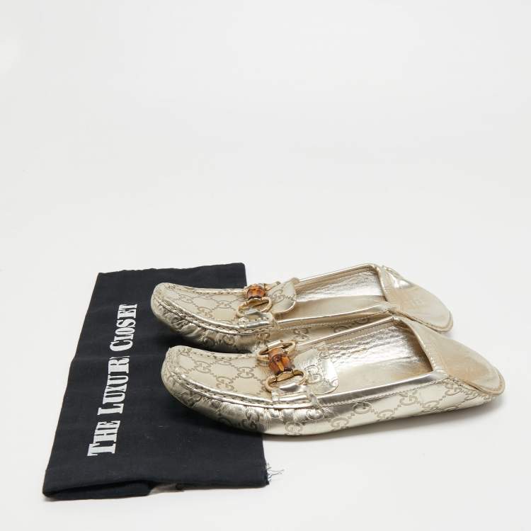 Pre Owned Gucci Metallic Guccissima Leather Bamboo Horsebit Slip On Loafers Size 37