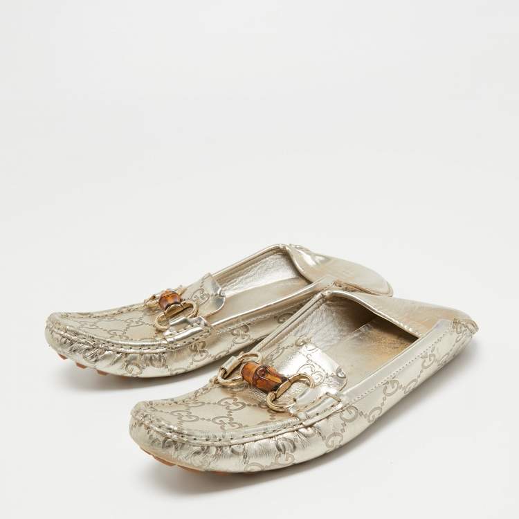 Pre Owned Gucci Metallic Guccissima Leather Bamboo Horsebit Slip On Loafers Size 37