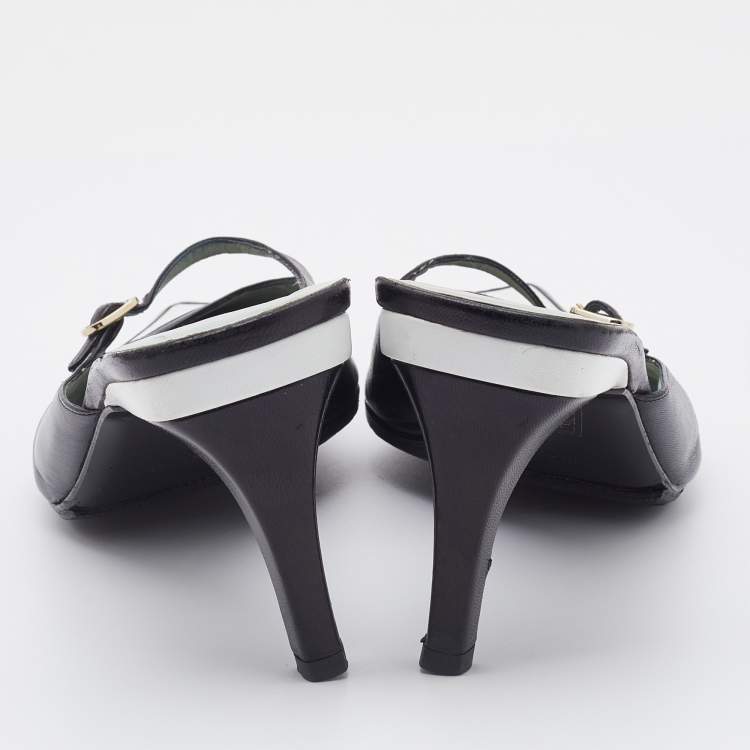 Pre Owned Gucci Black/White Leather Pointed Toe Mules Size 38.5