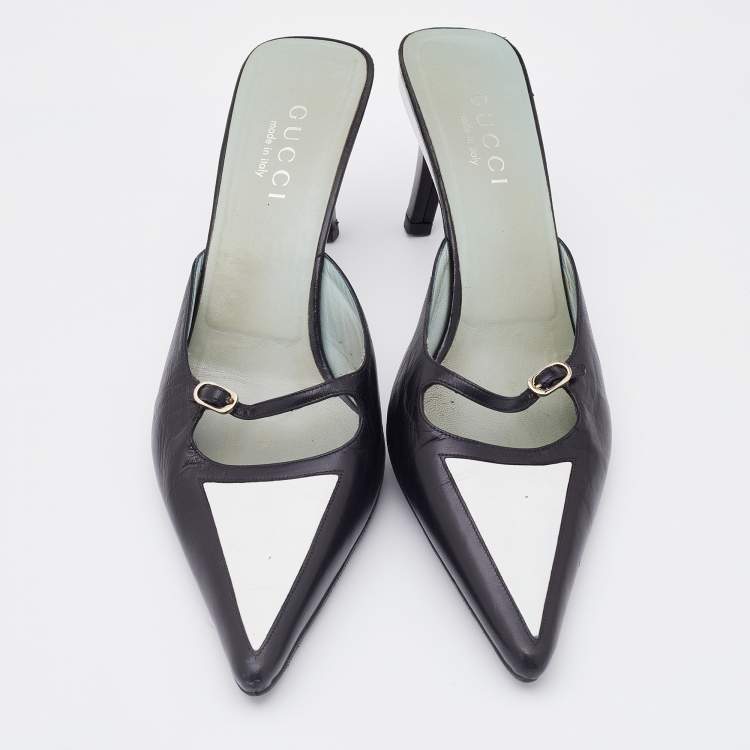 Pre Owned Gucci Black/White Leather Pointed Toe Mules Size 38.5
