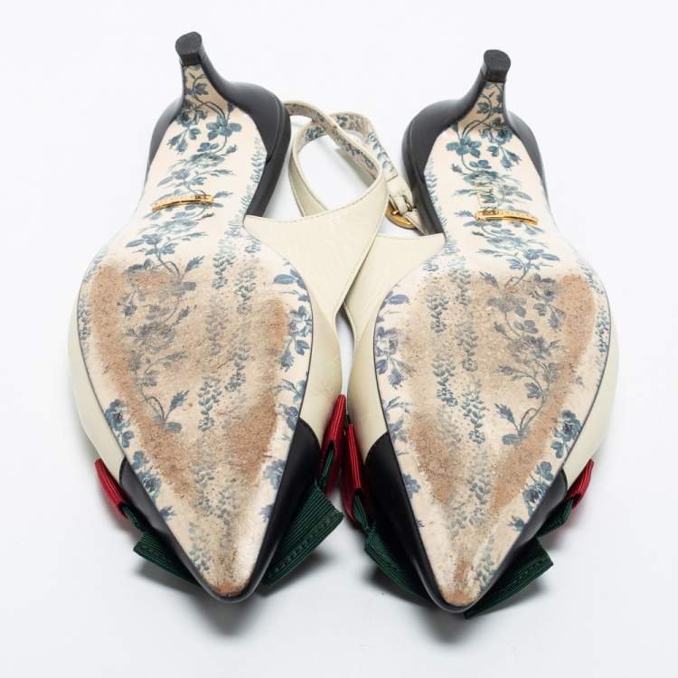 Pre Owned Gucci Cream/Black Leather Sylvie Slingback Pumps Size 37