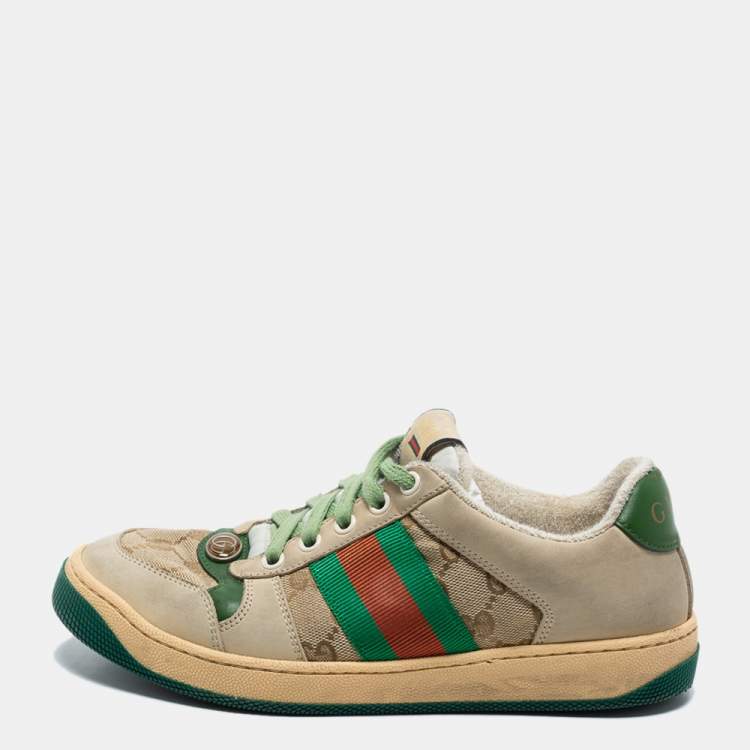 Gucci Grey/Green Leather and Canvas Screener Sneakers Size 36 Gucci | TLC