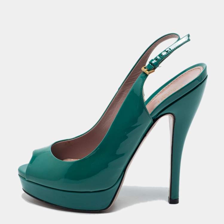 Pre Owned Gucci Green Patent Leather Peep Toe Slingback Sandals Size 36