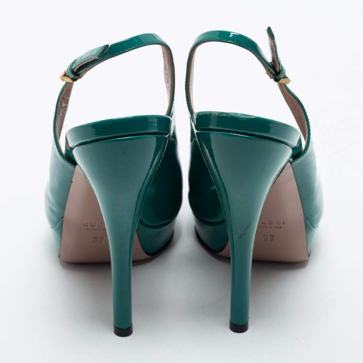 Pre Owned Gucci Green Patent Leather Peep Toe Slingback Sandals Size 36