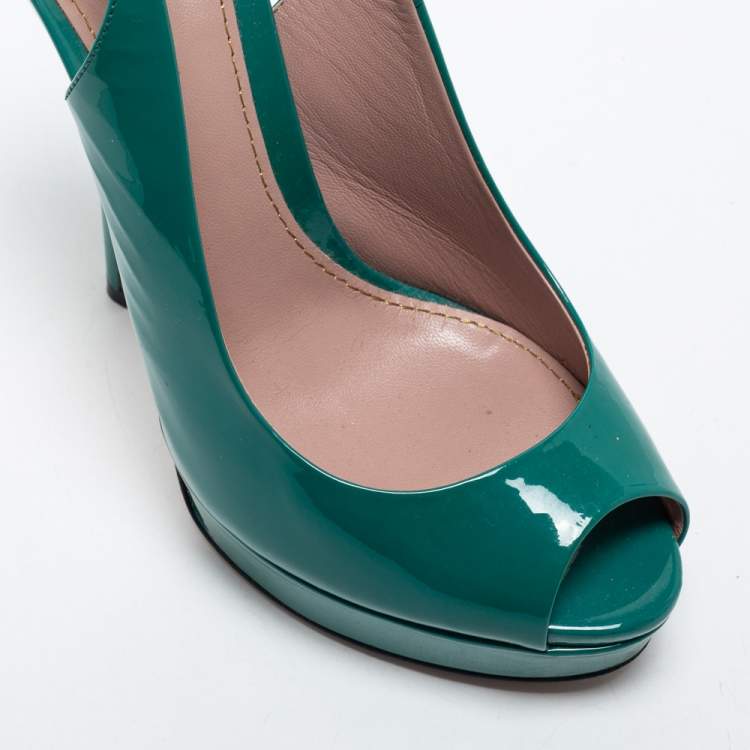 Pre Owned Gucci Green Patent Leather Peep Toe Slingback Sandals Size 36