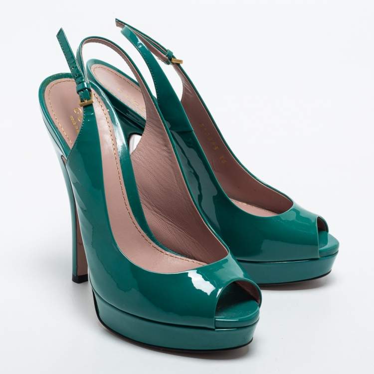 Pre Owned Gucci Green Patent Leather Peep Toe Slingback Sandals Size 36