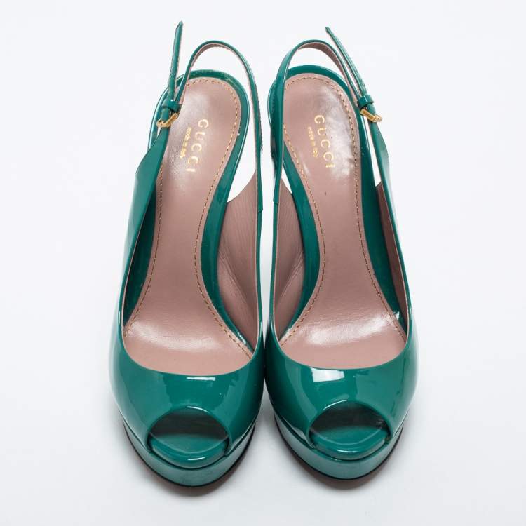 Pre Owned Gucci Green Patent Leather Peep Toe Slingback Sandals Size 36