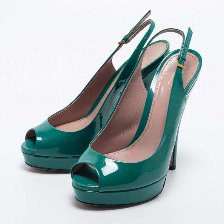 Pre Owned Gucci Green Patent Leather Peep Toe Slingback Sandals Size 36