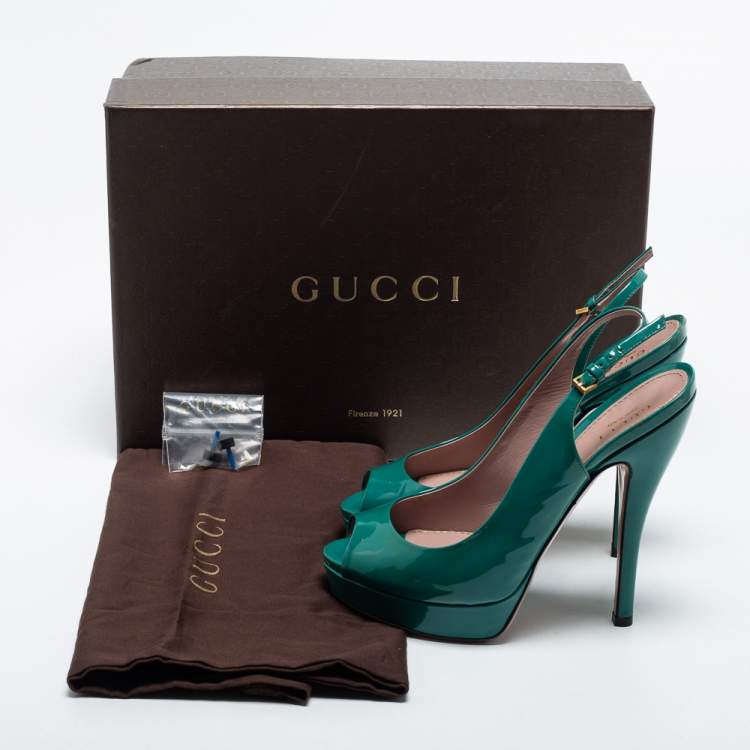 Pre Owned Gucci Green Patent Leather Peep Toe Slingback Sandals Size 36