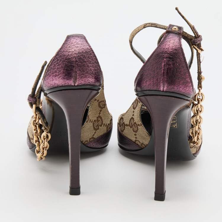 Pre Owned Gucci Beige/Purple GG Canvas and Leather Chain Detail Ankle Strap Pumps Size 36
