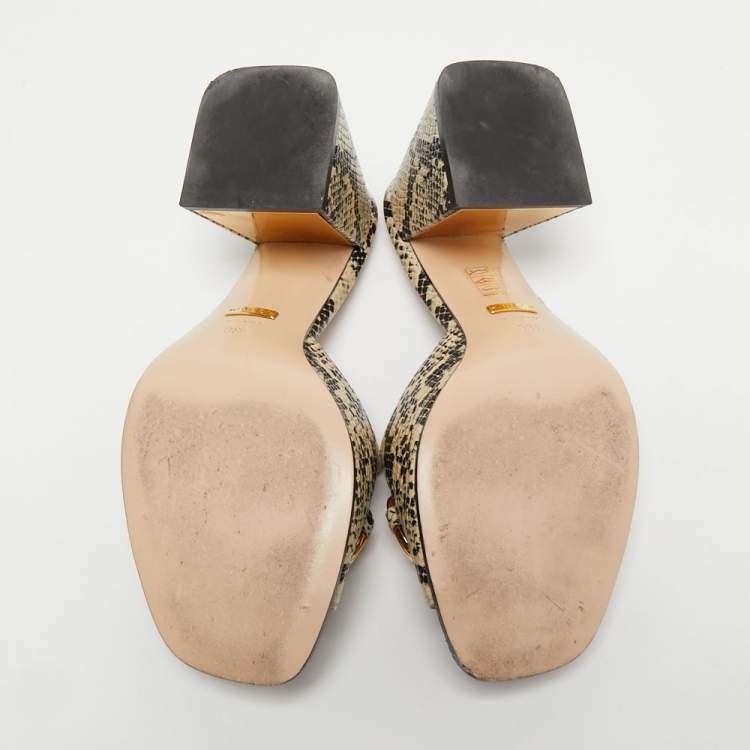 Pre Owned Gucci Black/Beige Snakeskin Embossed Leather Horsebit Slide Sandals Size 38.5