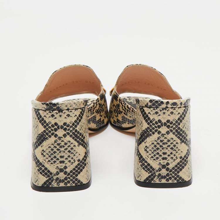 Pre Owned Gucci Black/Beige Snakeskin Embossed Leather Horsebit Slide Sandals Size 38.5