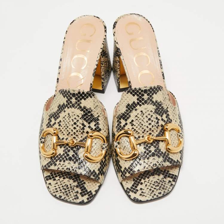 Pre Owned Gucci Black/Beige Snakeskin Embossed Leather Horsebit Slide Sandals Size 38.5